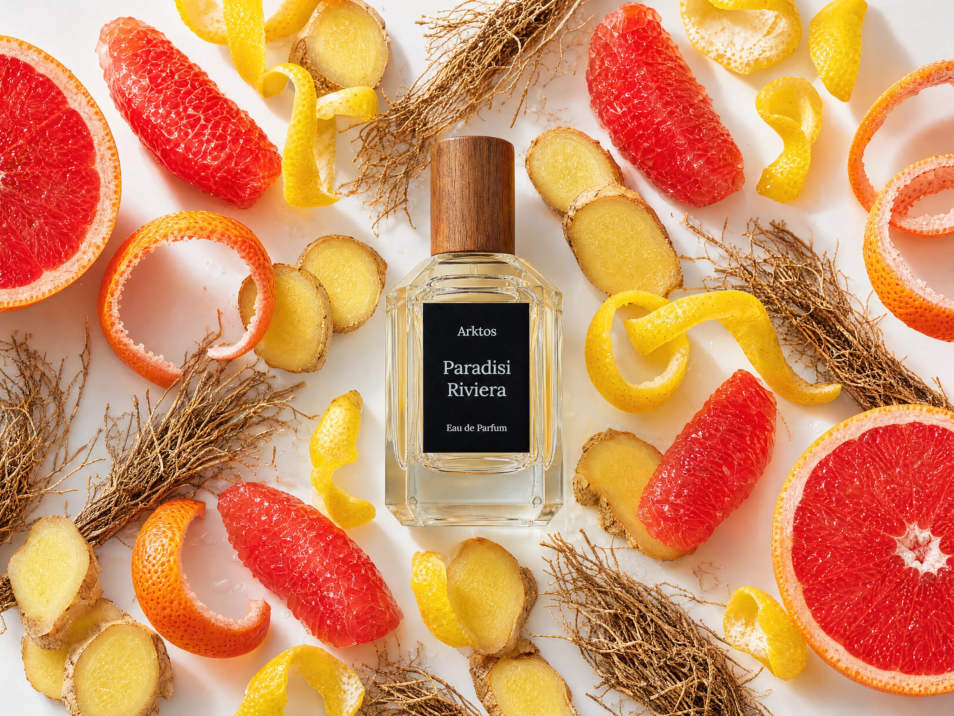 Paradisi Riviera perfume bottle on a white surface surrounded by grapefruit, ginger root and citrus peel